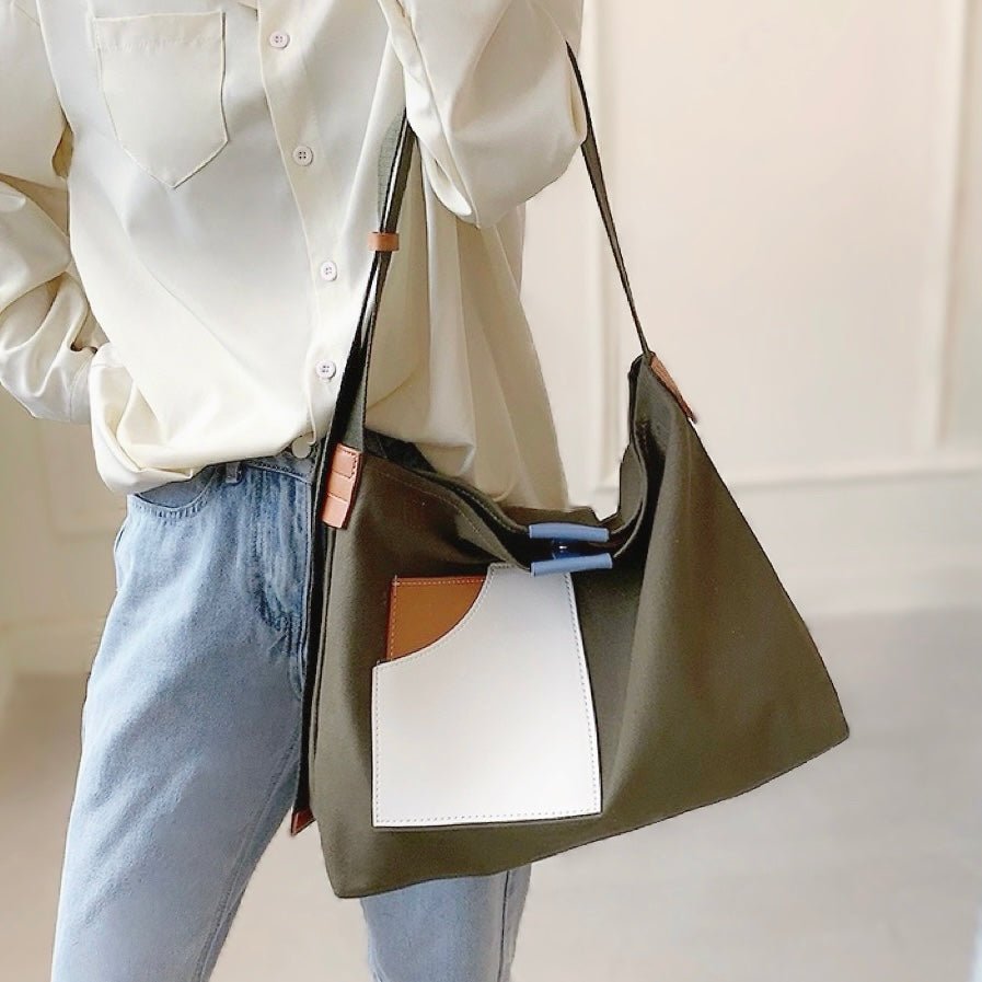 Penelope | Women's Color Block Canvas Tote Bag PU Leather Pocket Shoulder Bag