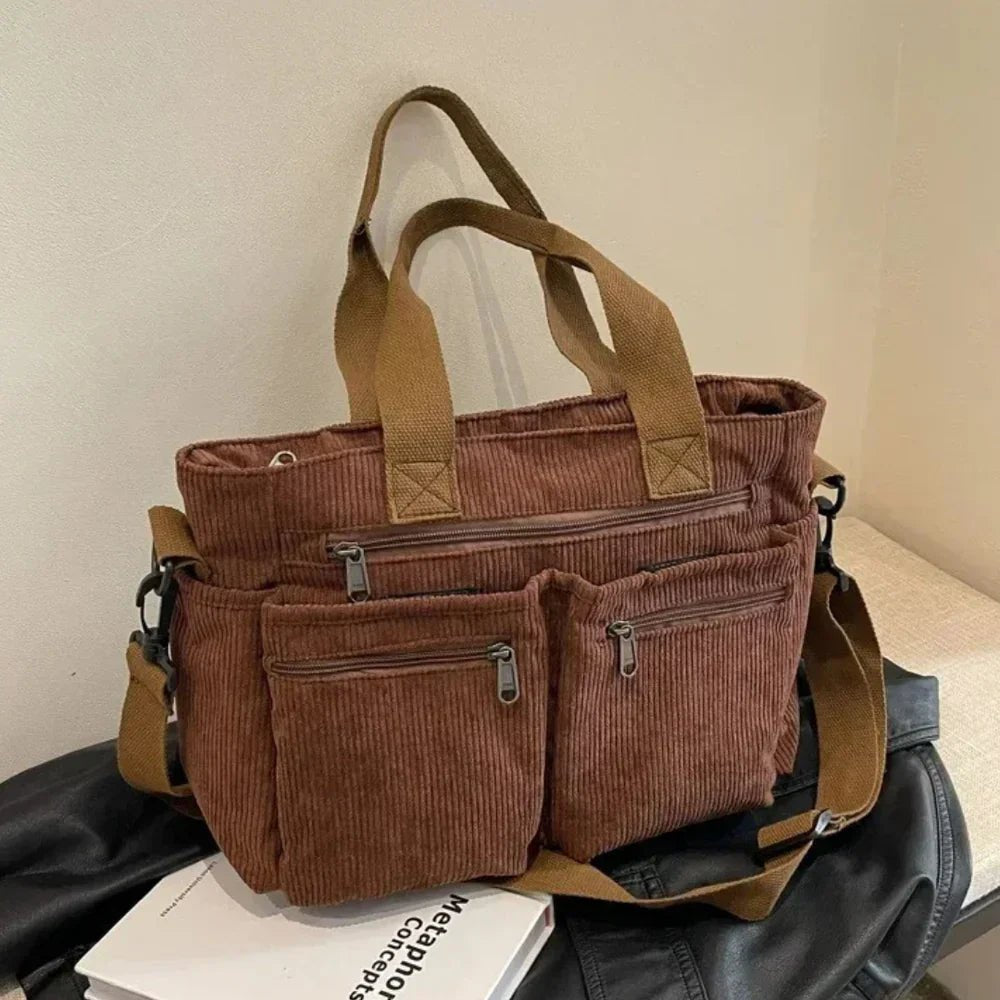 Amelia | Women's Corduroy Multi-Pocket Convertible Tote Bag