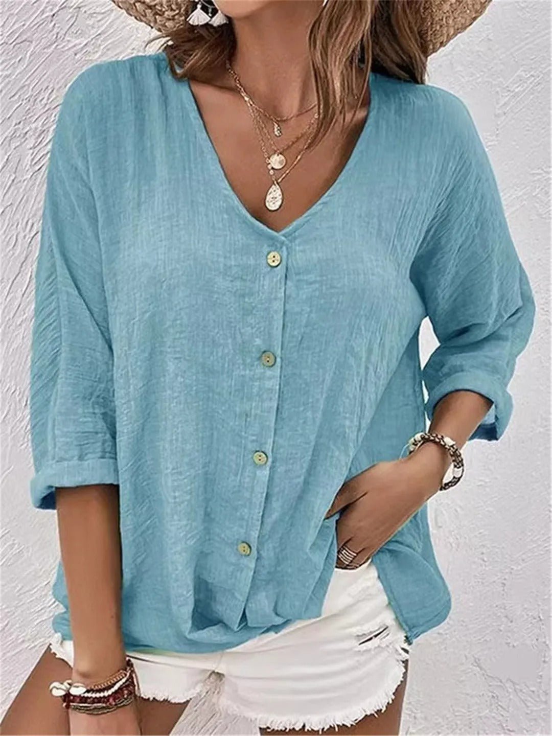 Grace | Women's Cotton V-Neck Button-Front Top Three-Quarter Sleeve
