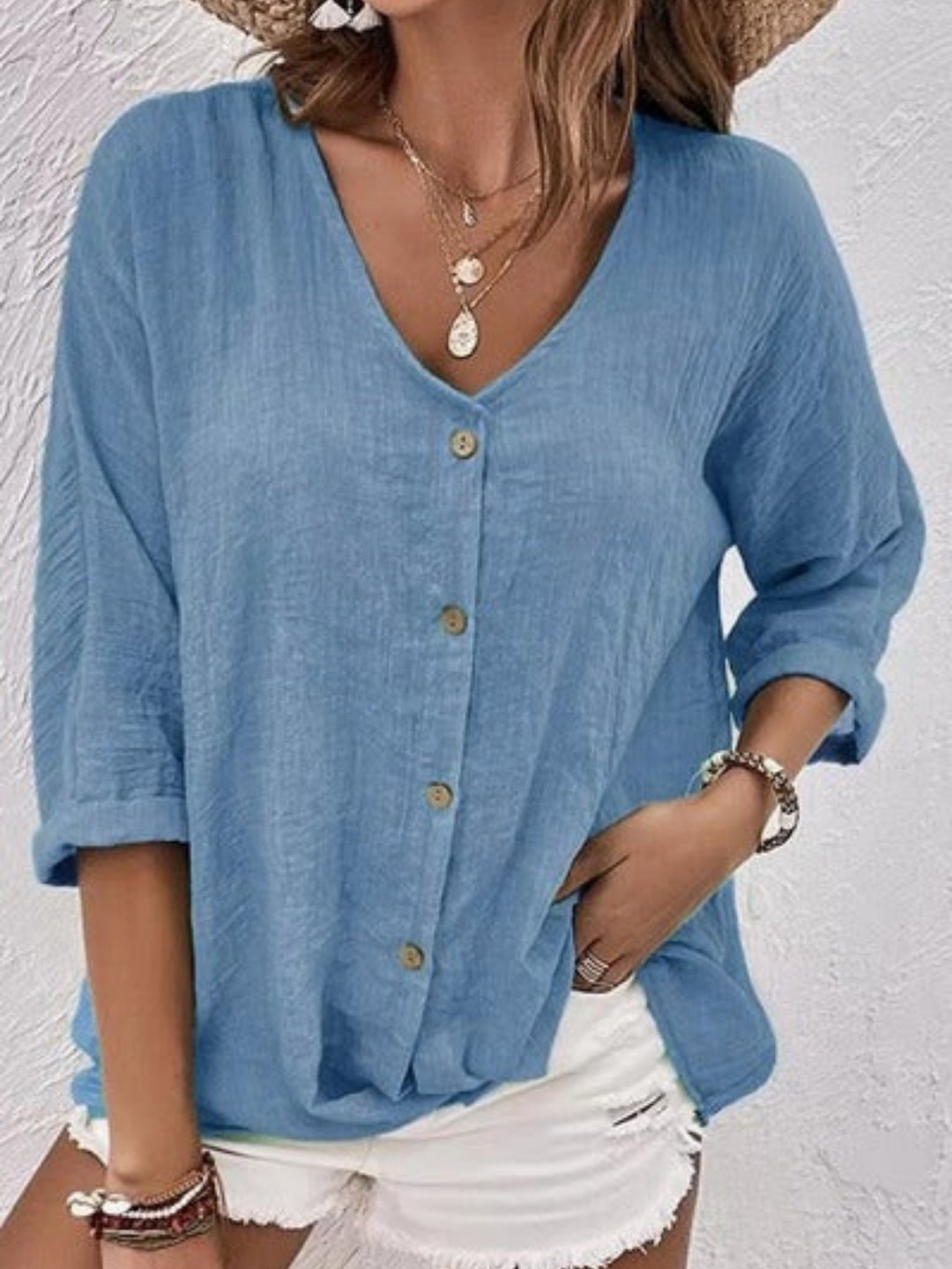 Grace | Women's Cotton V-Neck Button-Front Top Three-Quarter Sleeve