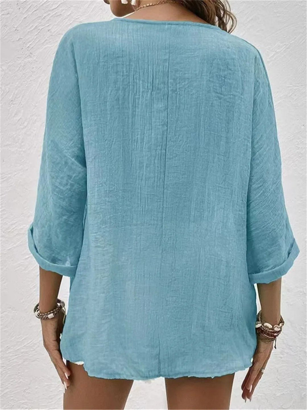 Grace | Women's Cotton V-Neck Button-Front Top Three-Quarter Sleeve