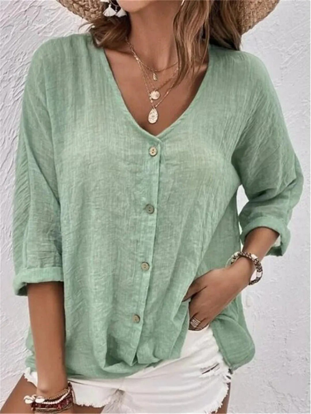 Grace | Women's Cotton V-Neck Button-Front Top Three-Quarter Sleeve