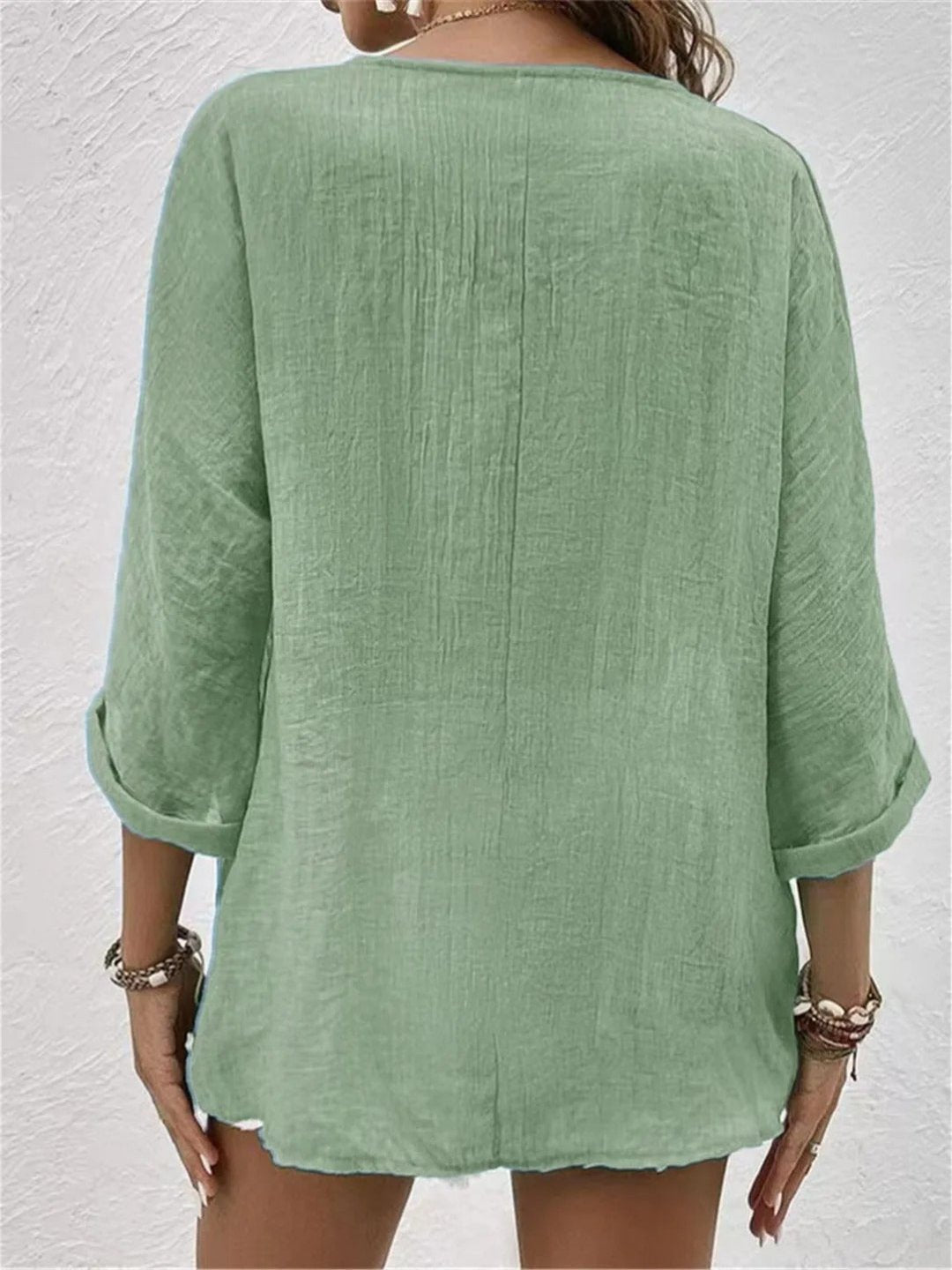 Grace | Women's Cotton V-Neck Button-Front Top Three-Quarter Sleeve