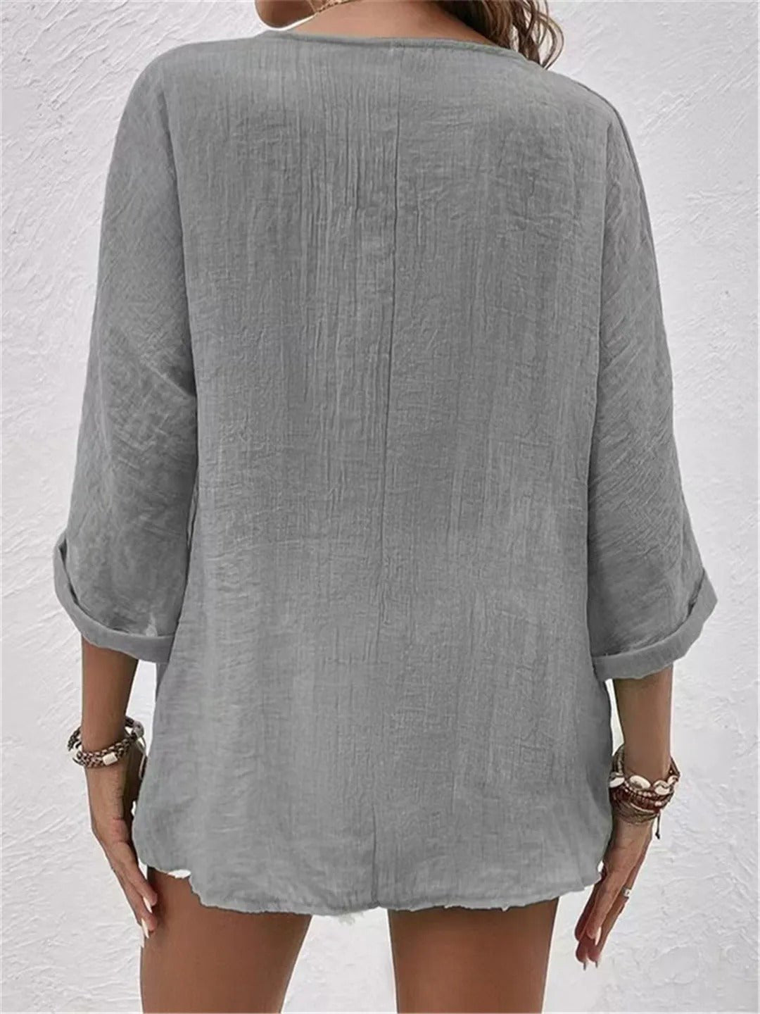 Grace | Women's Cotton V-Neck Button-Front Top Three-Quarter Sleeve