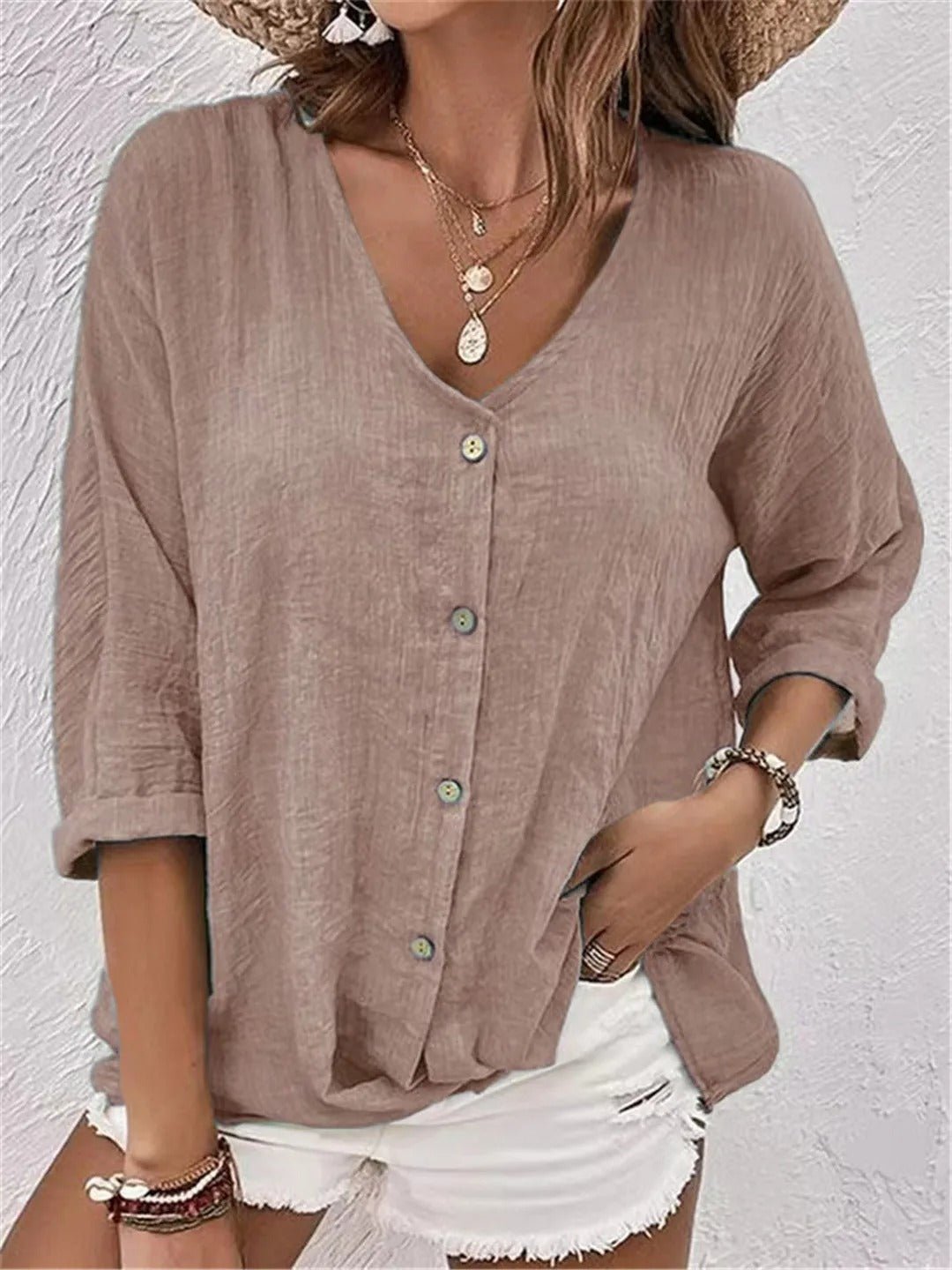 Grace | Women's Cotton V-Neck Button-Front Top Three-Quarter Sleeve