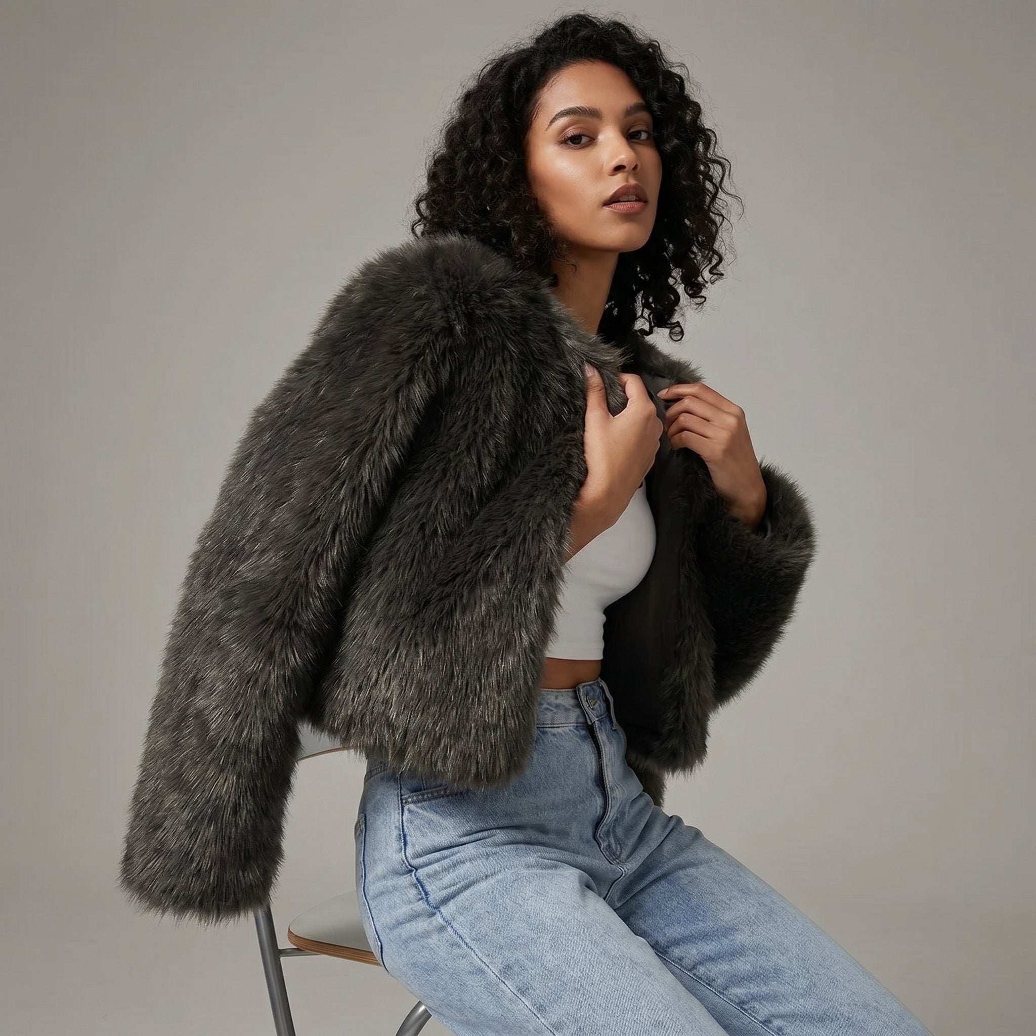 Mia | Women's Cropped Faux Fur Cardigan Jacket