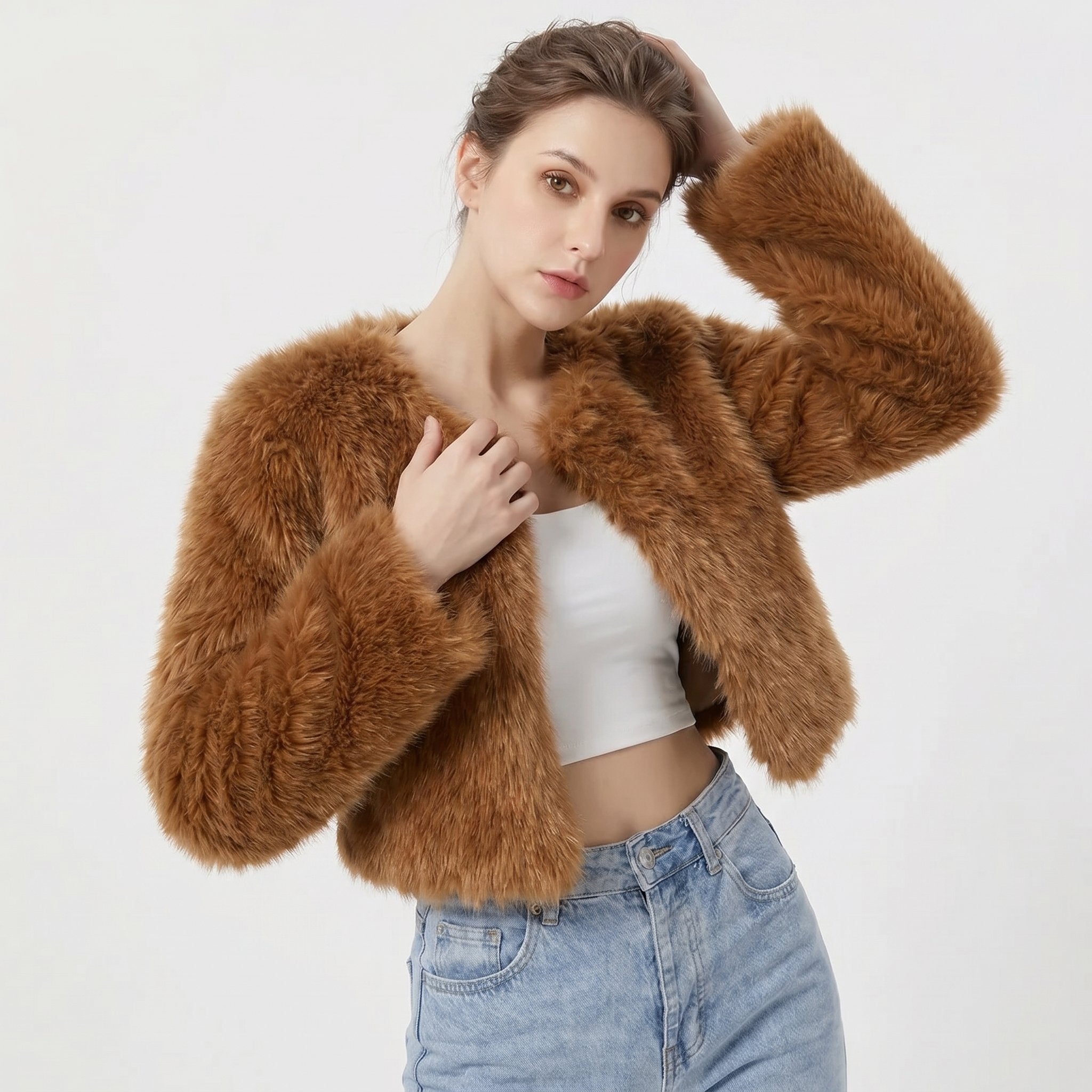 Mia | Women's Cropped Faux Fur Cardigan Jacket