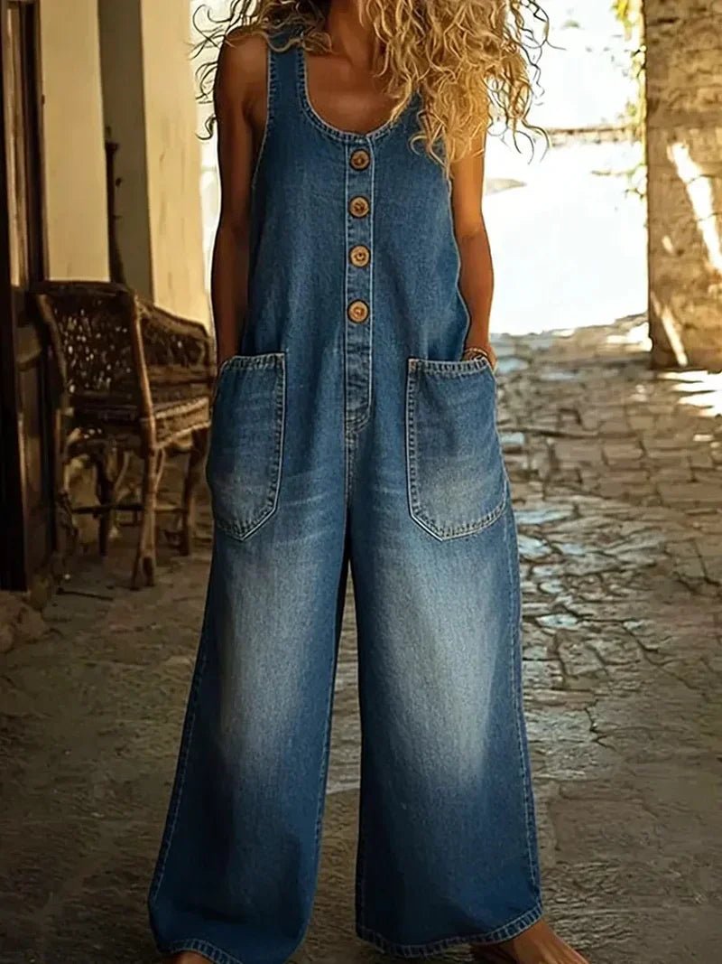 Penelope | Women's Denim Overalls Sleeveless Loose Fit Button Front