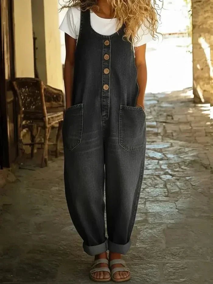 Penelope | Women's Denim Overalls Sleeveless Loose Fit Button Front