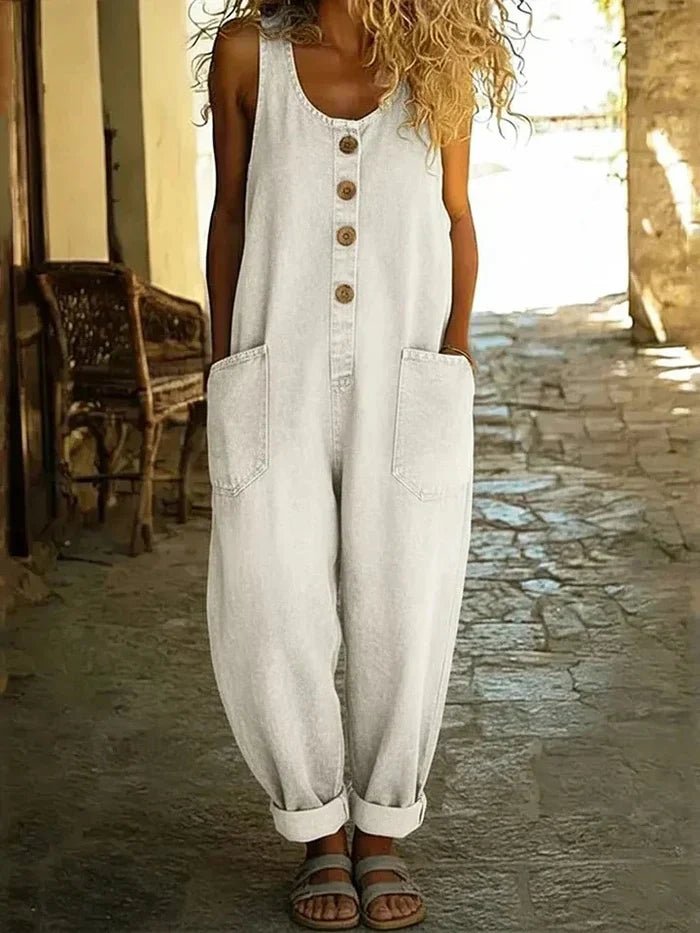 Penelope | Women's Denim Overalls Sleeveless Loose Fit Button Front