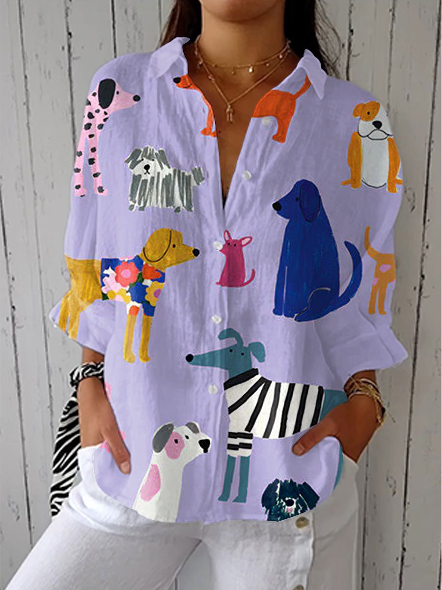 Layla | Women's Dog Print Button-Front Blouse Long Sleeve