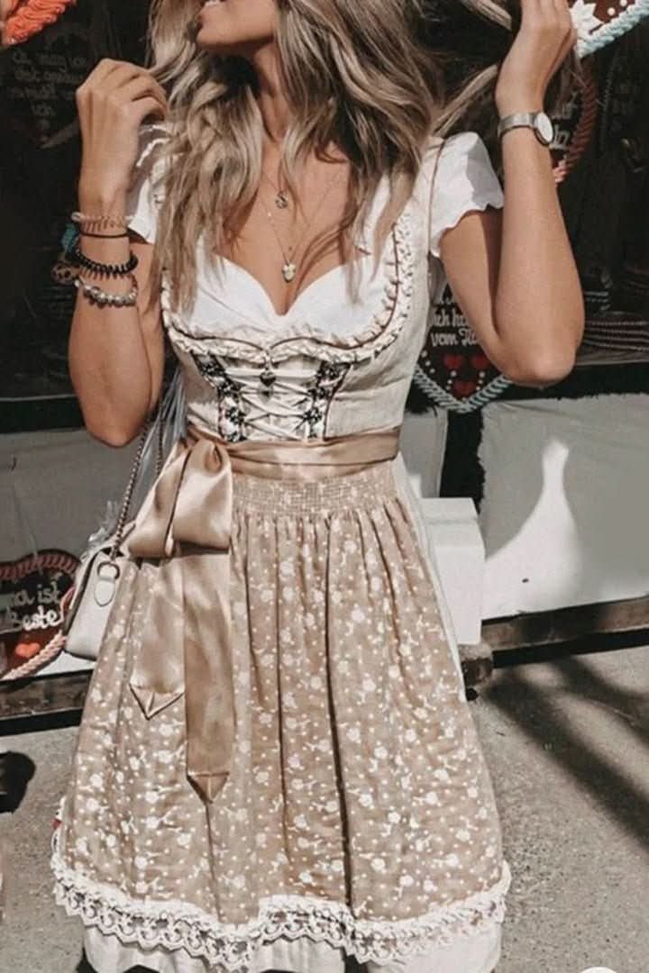 Mia | Women's Embroidered Dirndl Cocktail Dress Lace-Trim Floral Midi