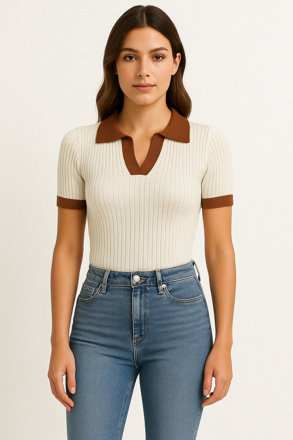 Olivia | Women's Fitted Ribbed Polo Shirt Short Sleeve Contrast Trim