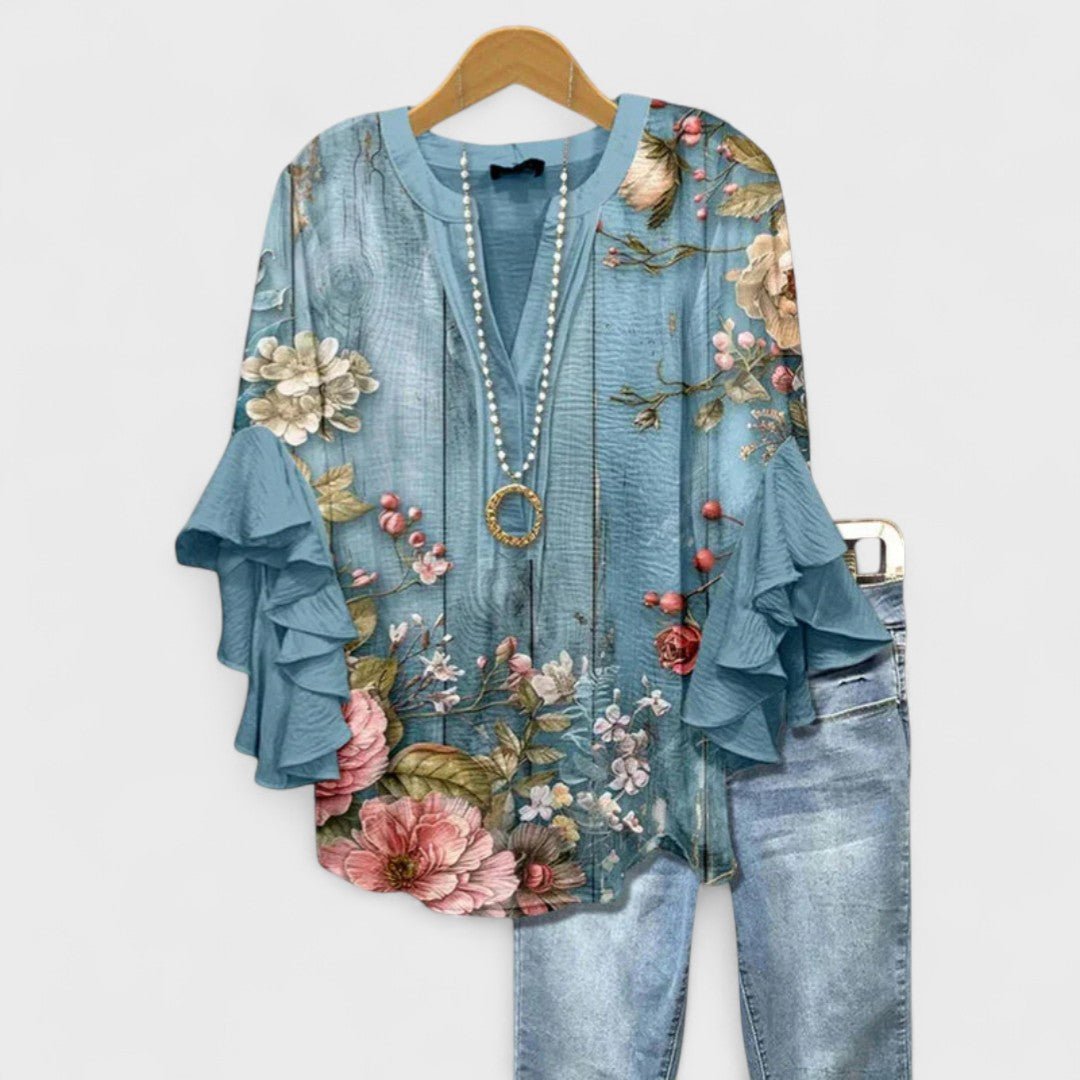 Penelope | Women's Floral Blouse Ruffle Sleeves V-Neck Casual