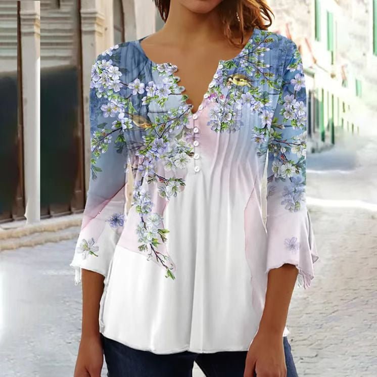 Amelia | Women's Floral Long Sleeve Relaxed-Fit Henley Blouse