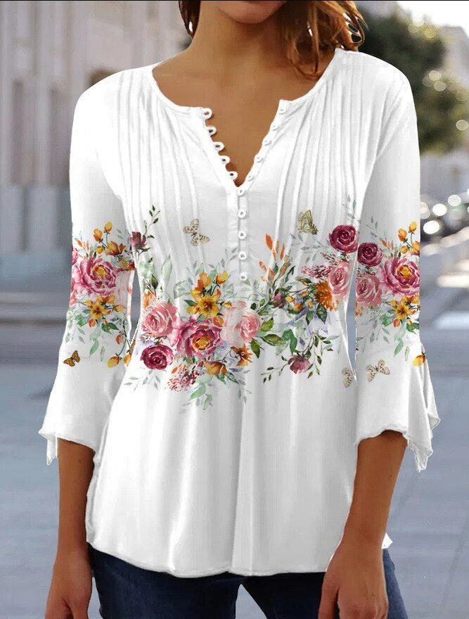 Amelia | Women's Floral Long Sleeve Relaxed-Fit Henley Blouse