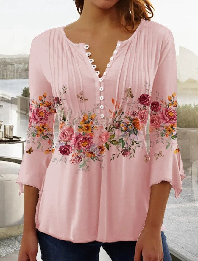 Amelia | Women's Floral Long Sleeve Relaxed-Fit Henley Blouse