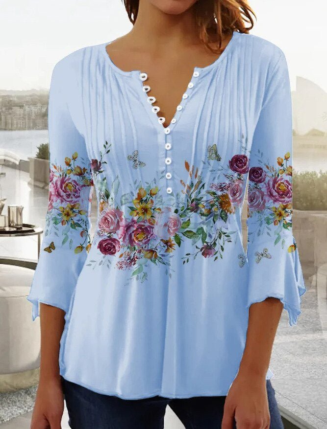 Amelia | Women's Floral Long Sleeve Relaxed-Fit Henley Blouse