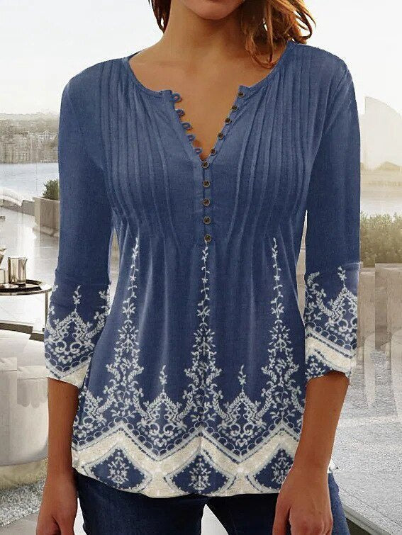 Amelia | Women's Floral Long Sleeve Relaxed-Fit Henley Blouse