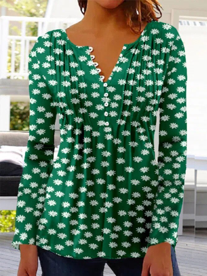 Amelia | Women's Floral Long Sleeve Relaxed-Fit Henley Blouse