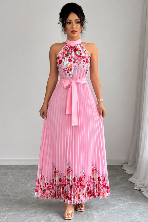 Camila | Women's Floral Pleated Halter Evening Gown Midi Dress