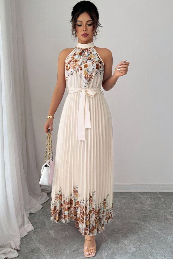 Camila | Women's Floral Pleated Halter Evening Gown Midi Dress