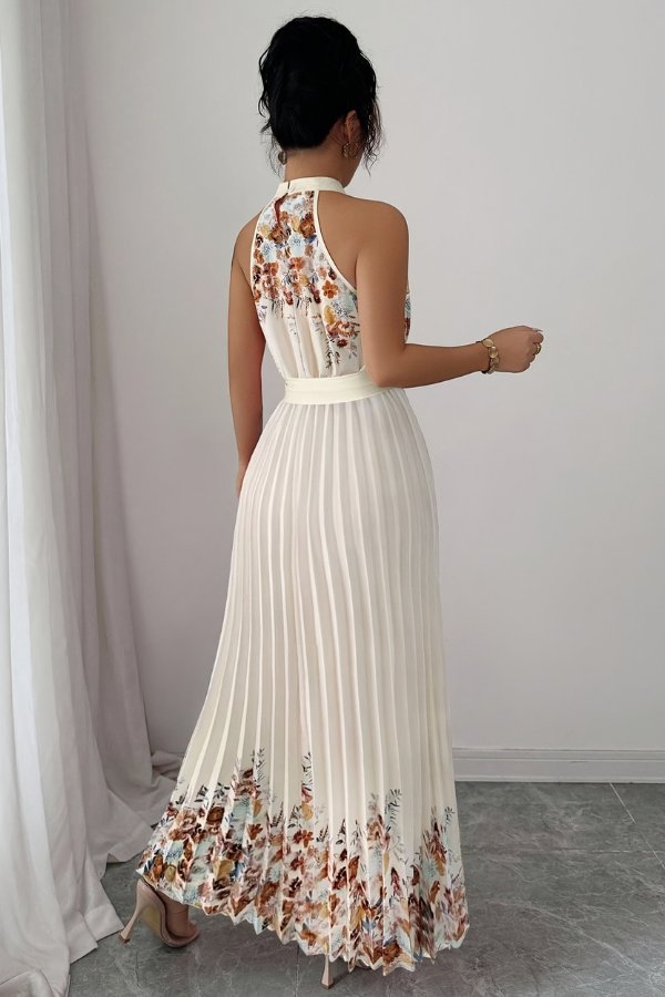 Camila | Women's Floral Pleated Halter Evening Gown Midi Dress