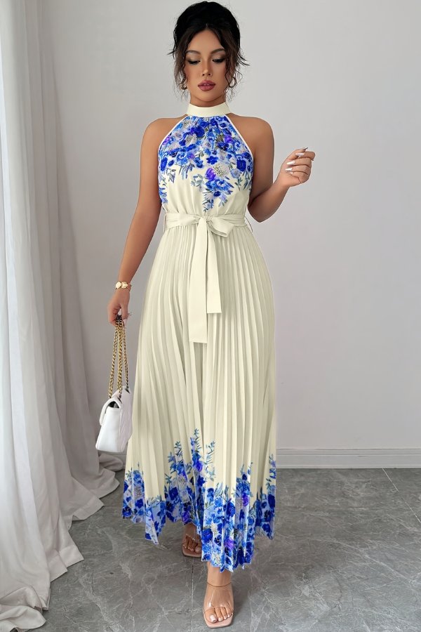 Camila | Women's Floral Pleated Halter Evening Gown Midi Dress