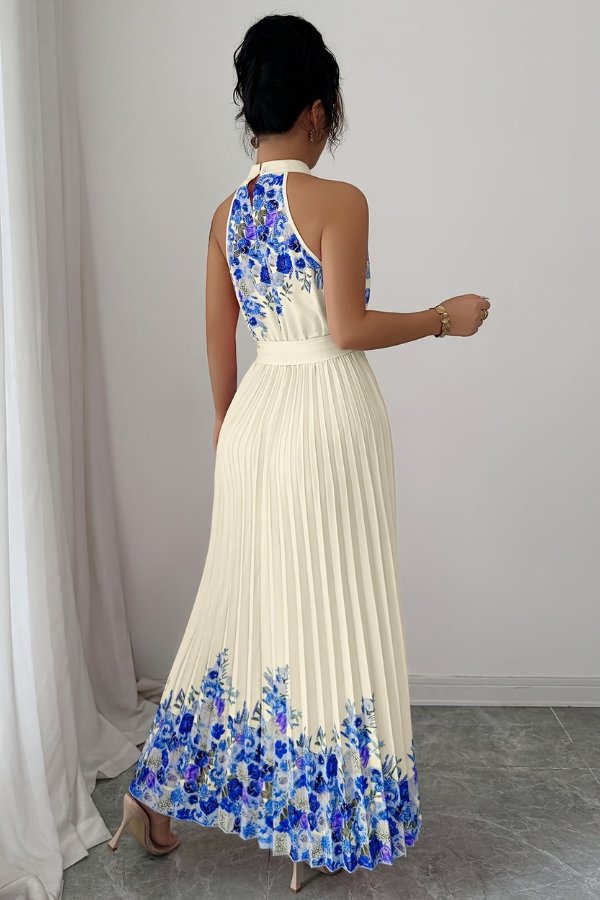 Camila | Women's Floral Pleated Halter Evening Gown Midi Dress