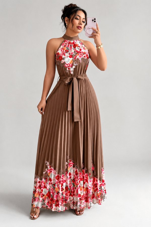 Camila | Women's Floral Pleated Halter Evening Gown Midi Dress