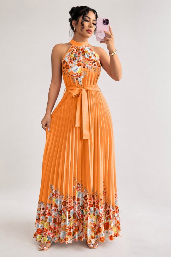 Camila | Women's Floral Pleated Halter Evening Gown Midi Dress