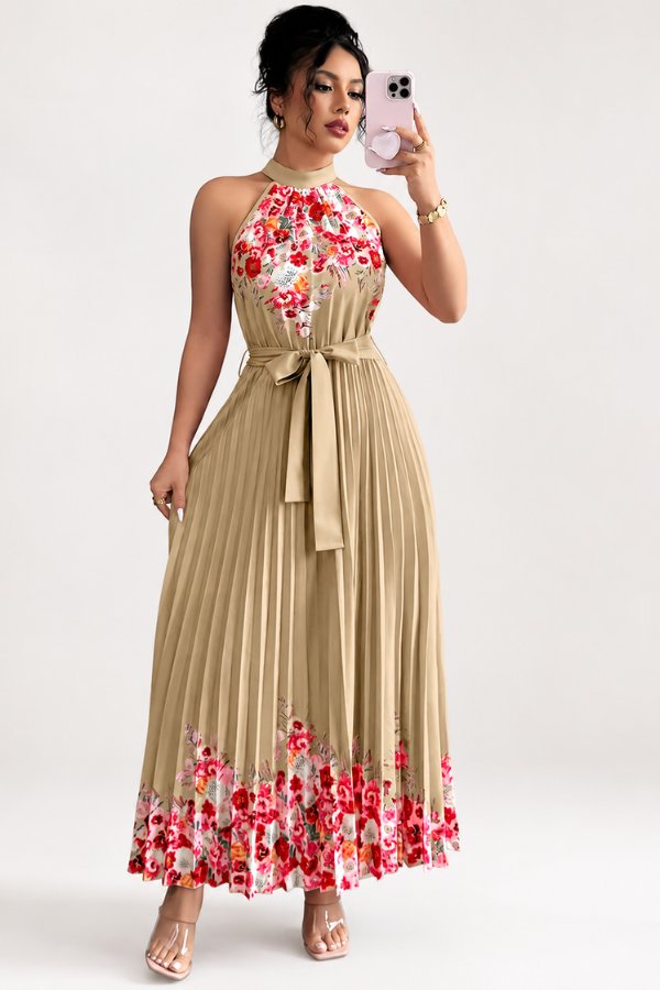 Camila | Women's Floral Pleated Halter Evening Gown Midi Dress