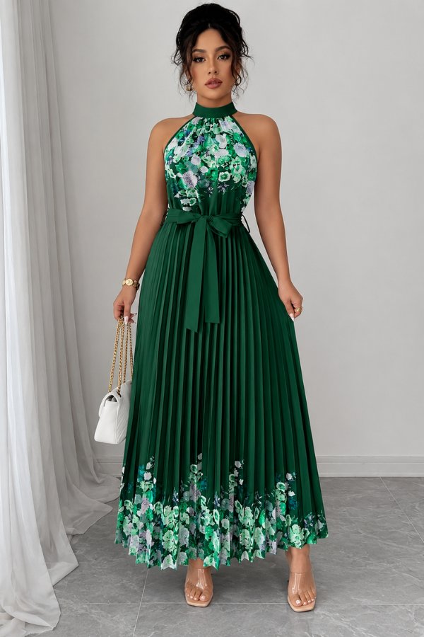 Camila | Women's Floral Pleated Halter Evening Gown Midi Dress