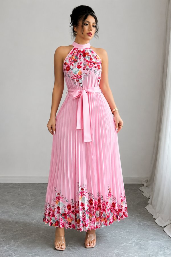 Camila | Women's Floral Pleated Halter Evening Gown Midi Dress