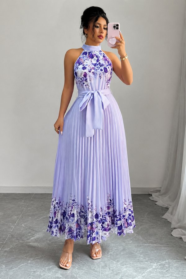 Camila | Women's Floral Pleated Halter Evening Gown Midi Dress