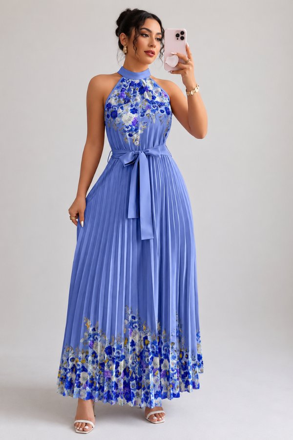 Camila | Women's Floral Pleated Halter Evening Gown Midi Dress