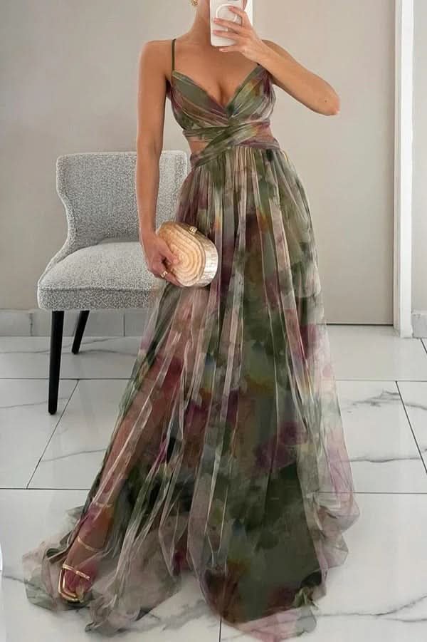 Layla | Women's Floral Tulle Sleeveless Maxi Cocktail Dress