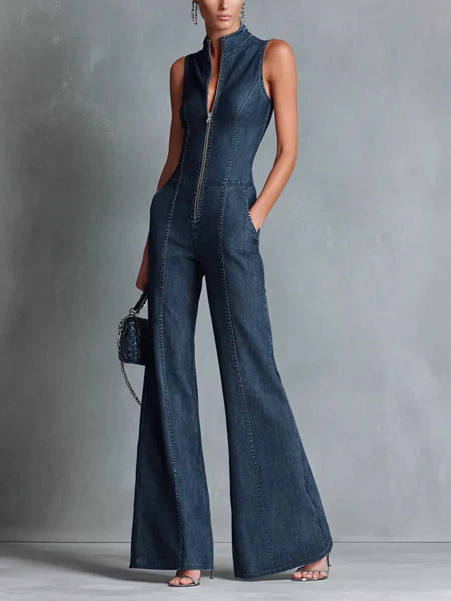 Camila | Women's High Neck Zip Front Flare Leg Denim Jumpsuit