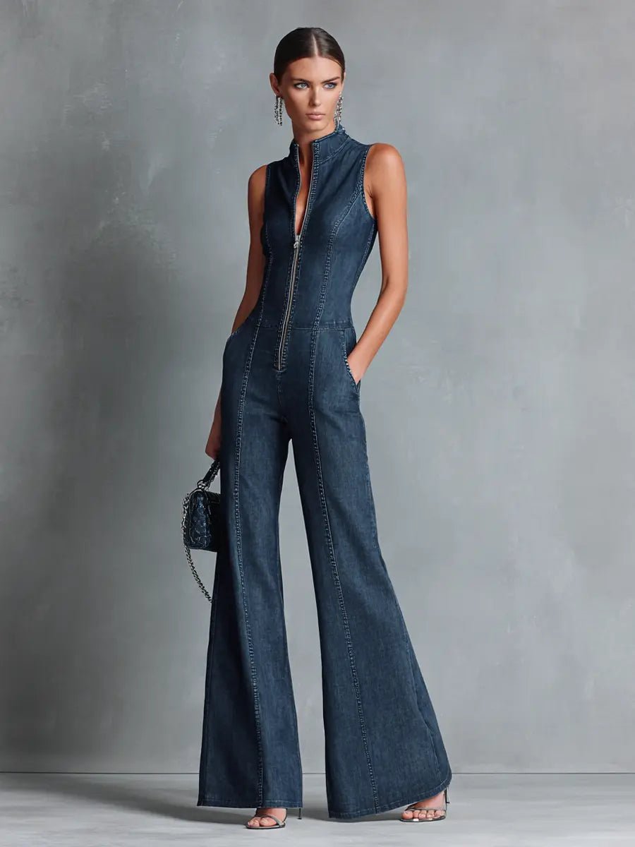 Camila | Women's High Neck Zip Front Flare Leg Denim Jumpsuit