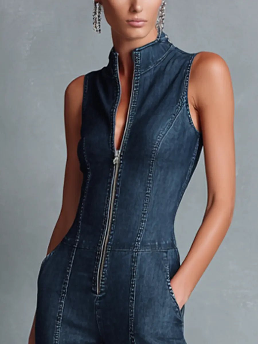 Camila | Women's High Neck Zip Front Flare Leg Denim Jumpsuit