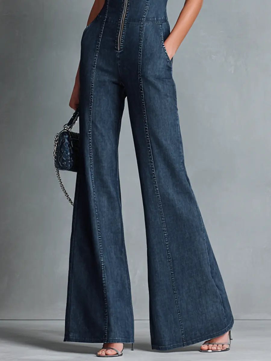 Camila | Women's High Neck Zip Front Flare Leg Denim Jumpsuit