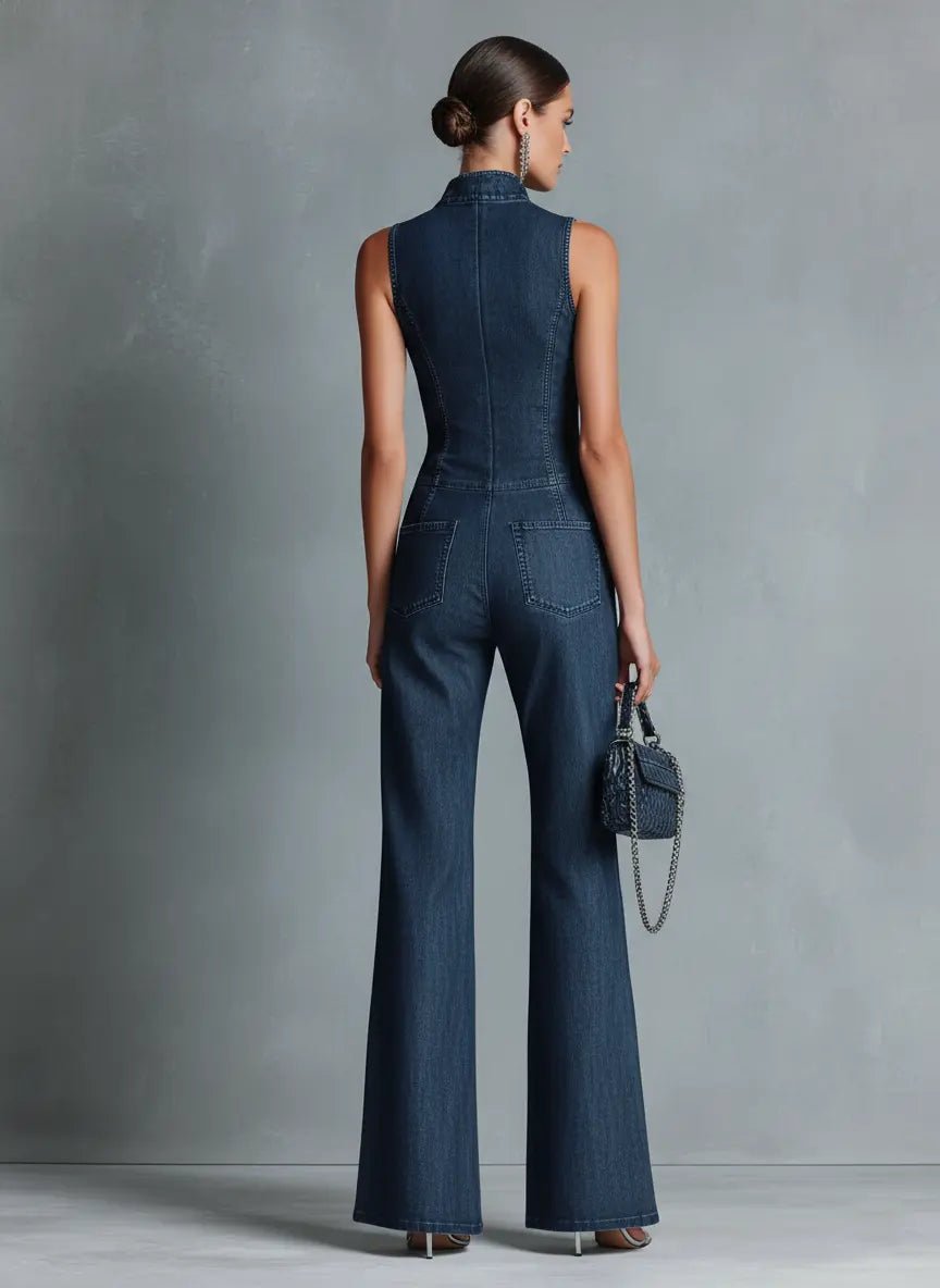 Camila | Women's High Neck Zip Front Flare Leg Denim Jumpsuit
