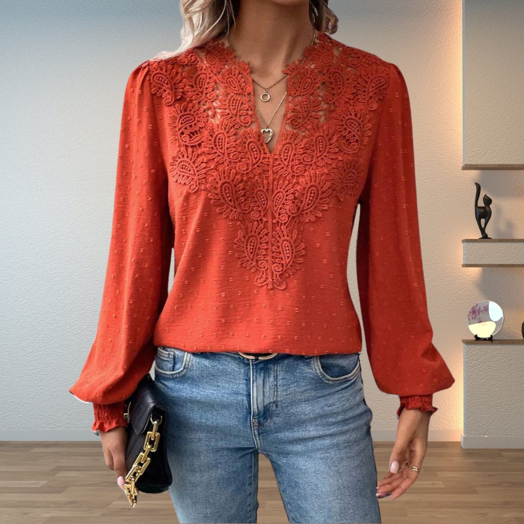 Sophia | Women's Lace-Bodice V-Neck Smocked-Cuff Long-Sleeve Blouse
