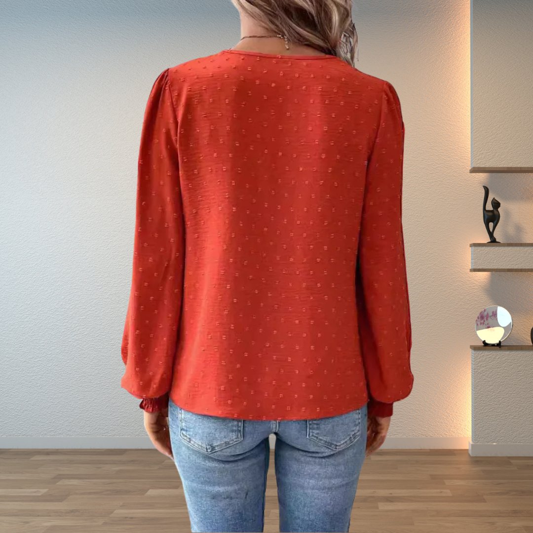 Sophia | Women's Lace-Bodice V-Neck Smocked-Cuff Long-Sleeve Blouse