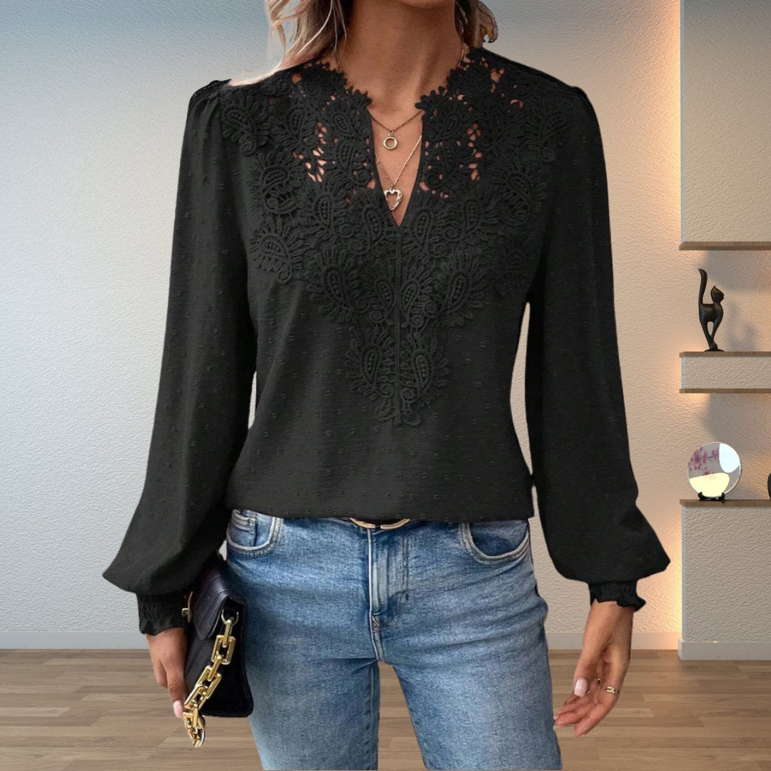 Sophia | Women's Lace-Bodice V-Neck Smocked-Cuff Long-Sleeve Blouse