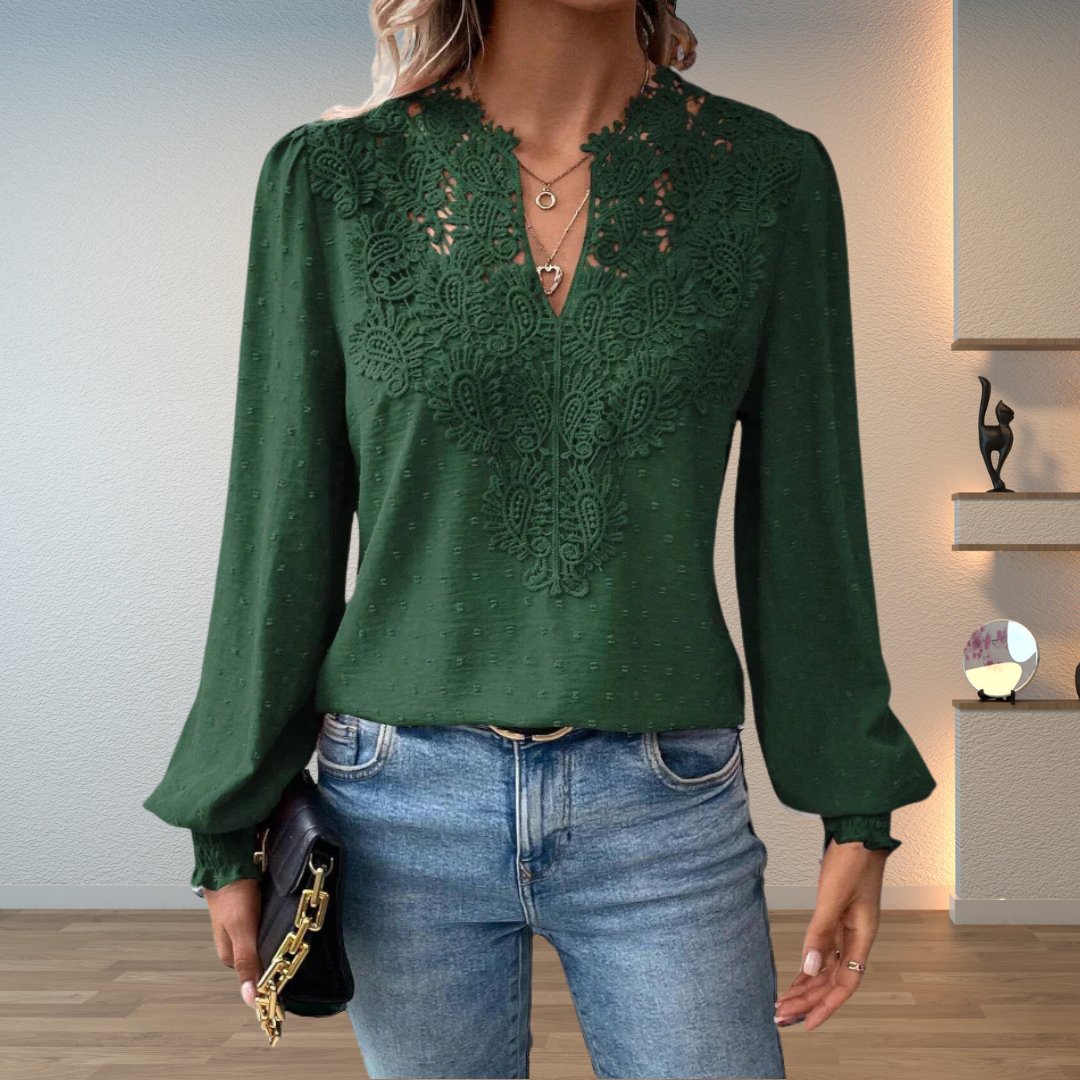 Sophia | Women's Lace-Bodice V-Neck Smocked-Cuff Long-Sleeve Blouse
