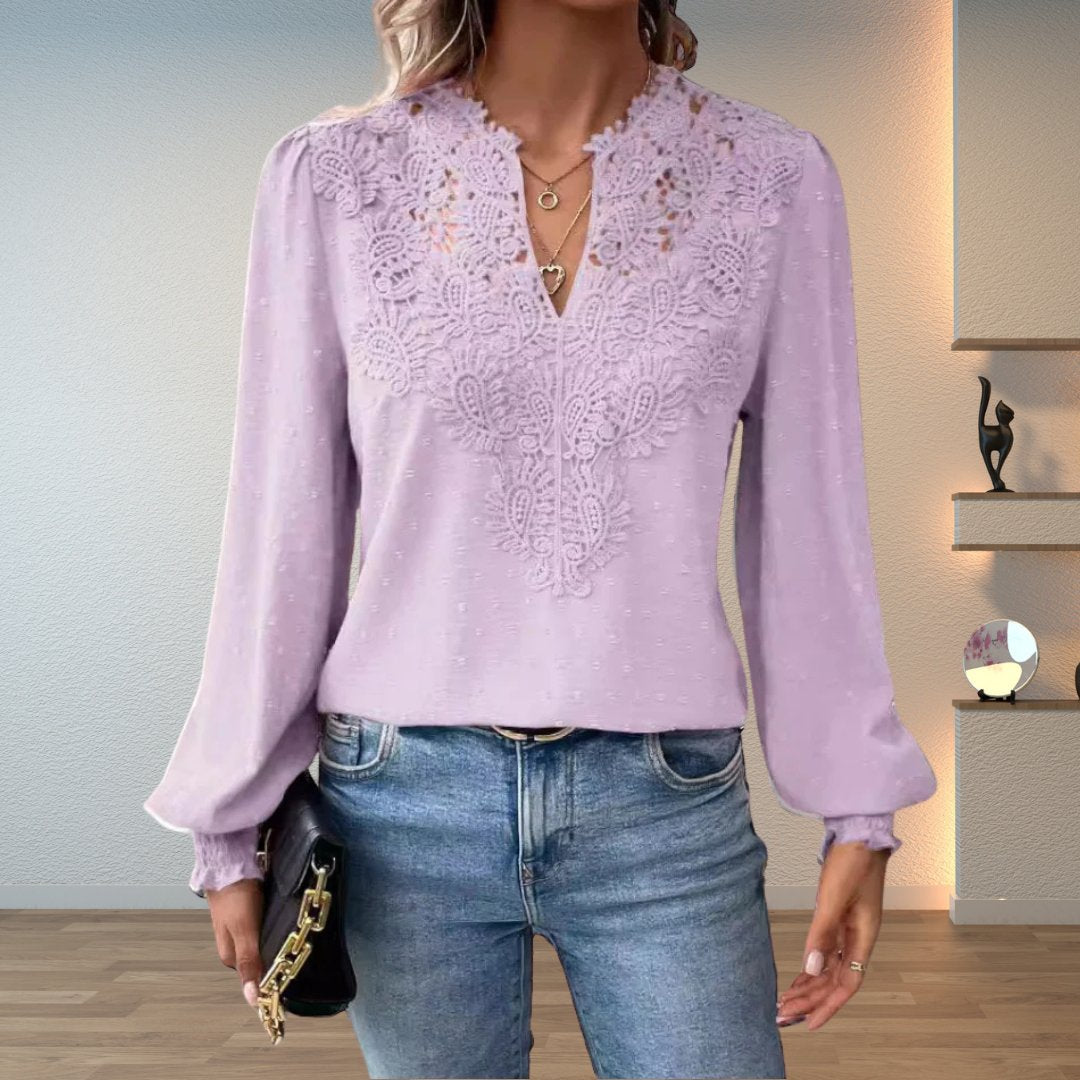 Sophia | Women's Lace-Bodice V-Neck Smocked-Cuff Long-Sleeve Blouse