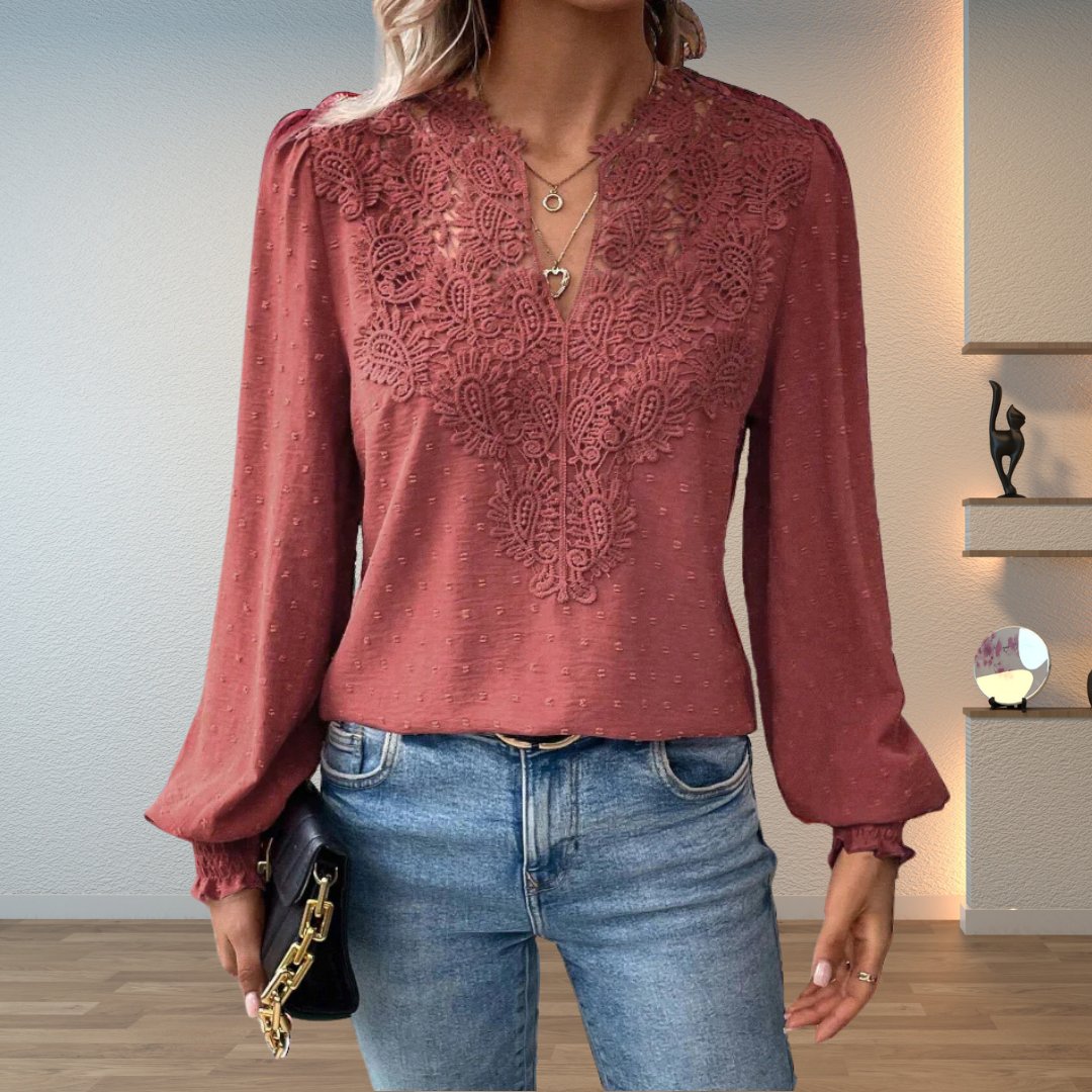 Sophia | Women's Lace-Bodice V-Neck Smocked-Cuff Long-Sleeve Blouse