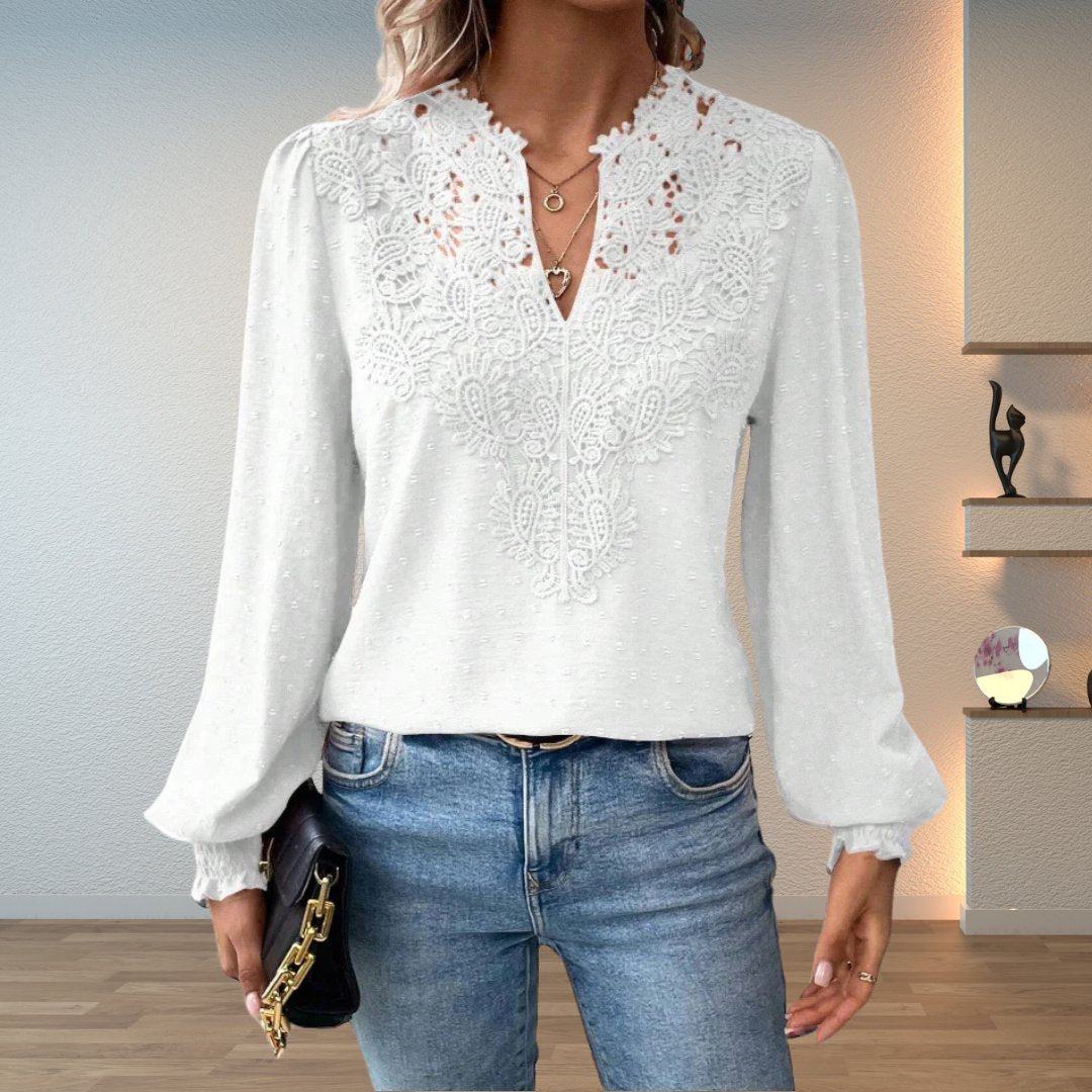 Sophia | Women's Lace-Bodice V-Neck Smocked-Cuff Long-Sleeve Blouse