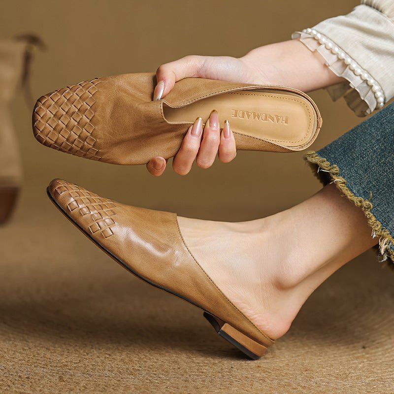 Aria | Women's Leather Mules Square Toe Woven Slip-On Flats